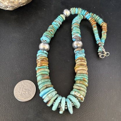 Navajo Blue Green Turquoise Bead Necklace | Sterling Silver | Graduated | Authentic Native American | 20" | 14240