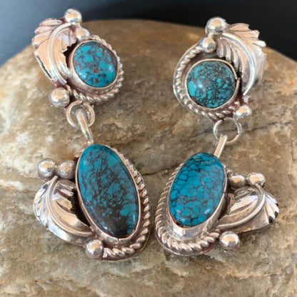 Handmade Navajo Spiderweb Turquoise Dangle Earrings | Sterling Silver | Authentic Native American | 1400
