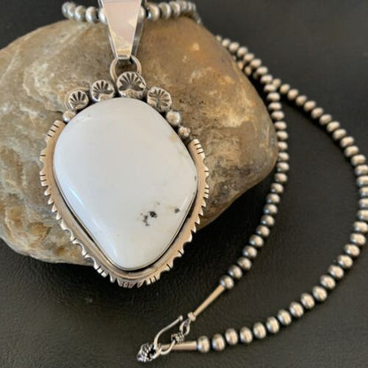 Men's Navajo White Buffalo Turquoise Pendant Necklace | Sterling Silver | Authentic Native American Handmade | 11846