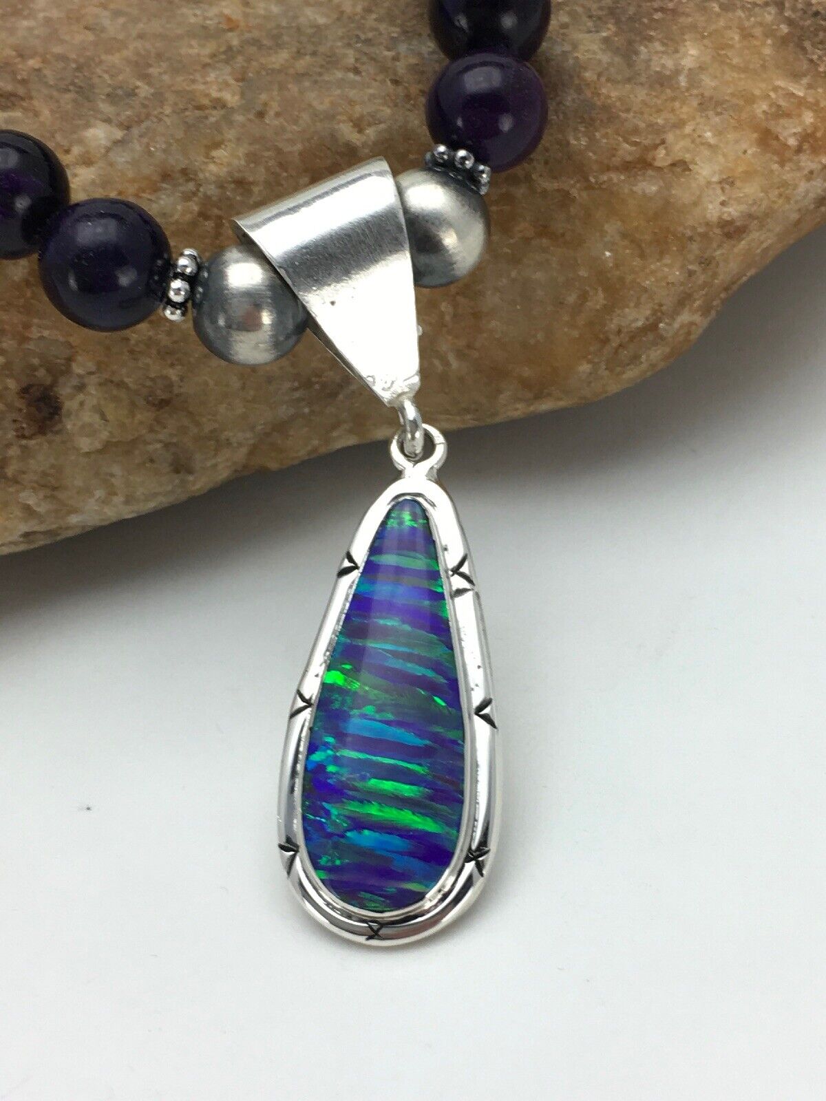 Navajo Purple Sugilite Necklace with Opal Pendant | Sterling Silver | 23" | Authentic Native American Handmade | 2794