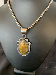 Men's Navajo Pearl Necklace with Sterling Silver Coffee Tiger's Eye Pendant | Authentic Native American Handmade | 11688