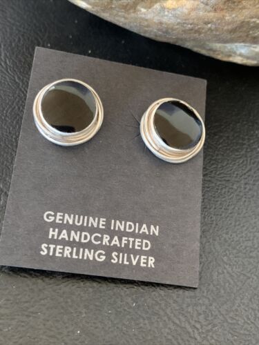 Navajo Black Onyx Stud Post Earrings | Sterling Silver | 0.5" | Authentic Native American Handmade | 12642