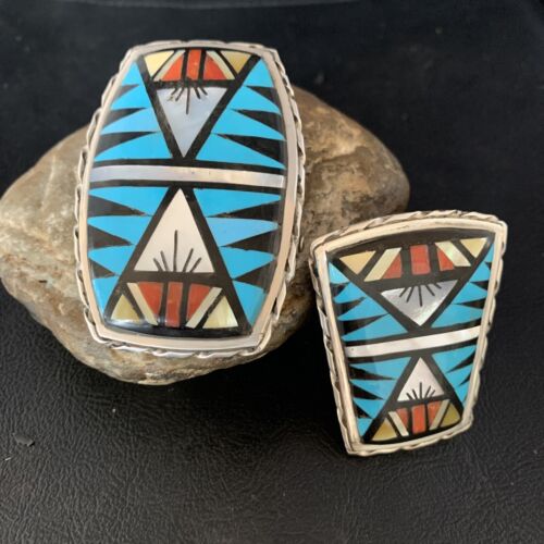 Zuni Bolo Tie Belt Buckle Ranger Set | Turquoise Mother of Pearl Coral | Sterling Silver | Native American Handmade | 14123