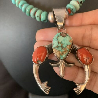 Navajo Sterling Silver Necklace | Blue Turquoise & Coral Naja Pendant | Authentic Native American Handmade | 13744