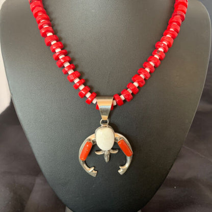 Navajo White Buffalo Turquoise Coral Naja Pendant | Sterling Silver | Authentic Native American Handmade | 10517