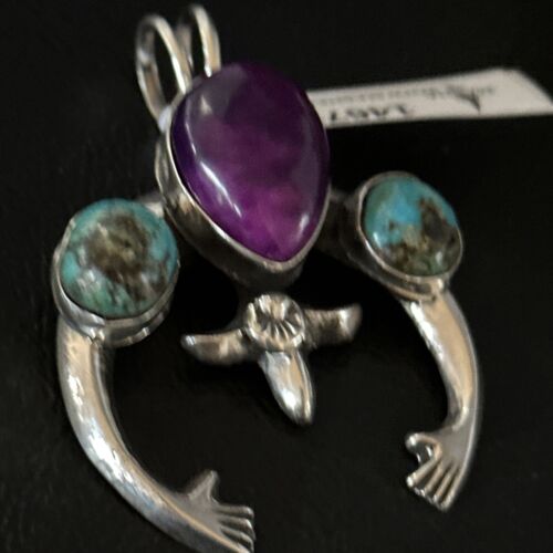Navajo Sterling Silver Blue Turquoise Purple Sugilite Naja Pendant | Authentic Native American Handmade | 14673