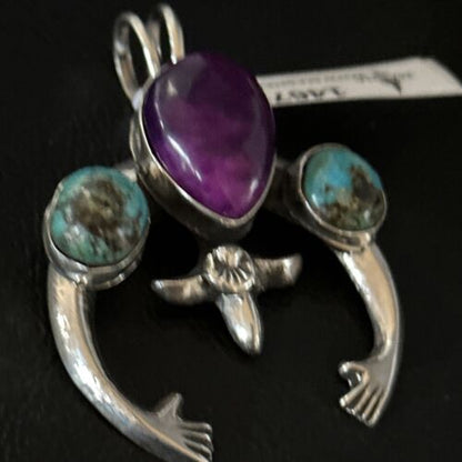 Navajo Sterling Silver Blue Turquoise Purple Sugilite Naja Pendant | Authentic Native American Handmade | 14673