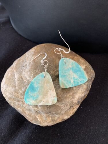 Southwestern Navajo Slab Turquoise Dangle Earrings | Sterling Silver | Authentic Native American Handmade | 1320