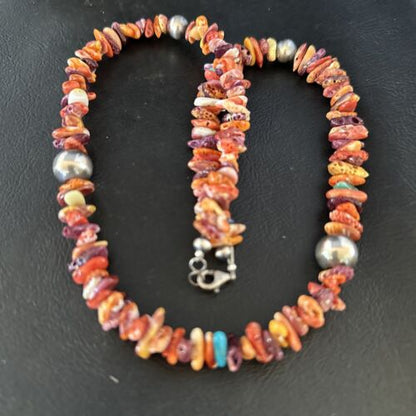 Navajo Multi-Color Spiny Oyster Necklace | Sterling Silver | 21" | Authentic Native American Handmade | 14307