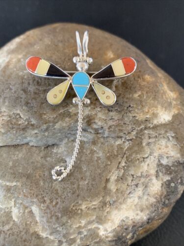 Zuni Turquoise Yellow Mother of Pearl Inlay Dragonfly Necklace Pin Pendant | Sterling Silver | 12323