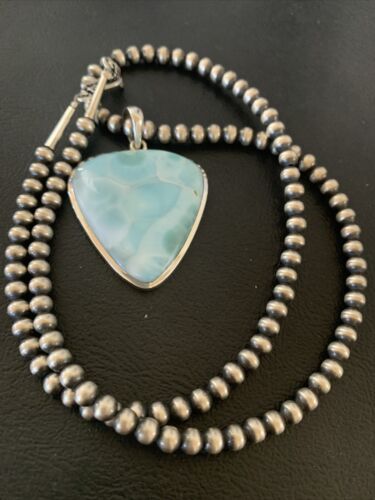 Navajo Blue Larimar Pendant Necklace | Sterling Silver Beads | Authentic Native American Handmade | 1764