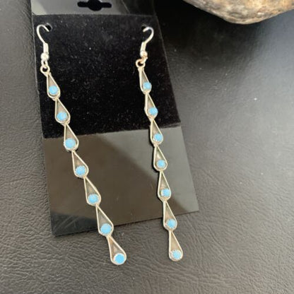 Navajo Green Turquoise Dangle Earrings | Sterling Silver | 3" Long | Authentic Native American Handmade | 12120