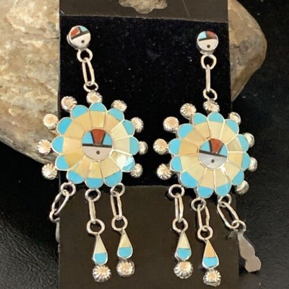Zuni Sun Face Kingman Turquoise & Yellow Mother of Pearl Dangle Earrings | Sterling Silver | 12126
