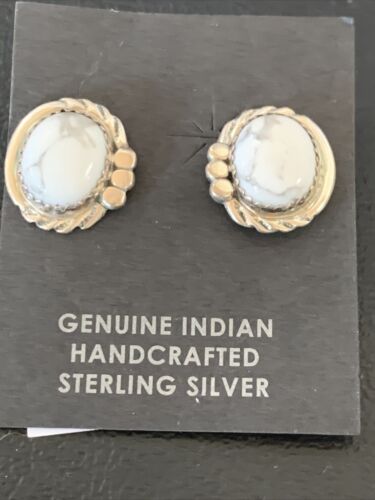 Navajo Sterling Silver White Howlite Oval Earrings | 0.50" | Authentic Native American Handmade | 13374