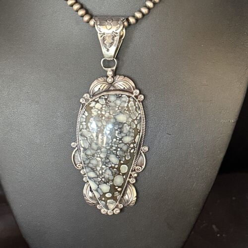 White Buffalo Turquoise Necklace Pendant with Pearls | Sterling Silver | Authentic Native American Handmade | 14805