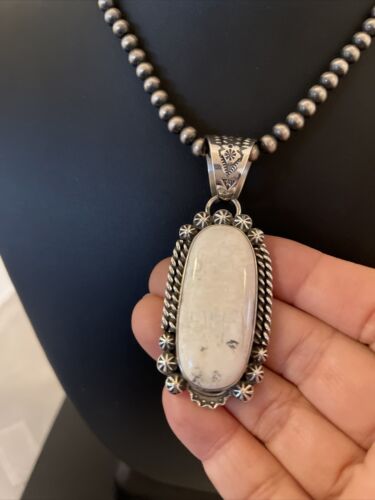 Men's White Buffalo Turquoise Pendant | Navajo Pearl Sterling Silver Necklace | Authentic Native American Handmade | 1072
