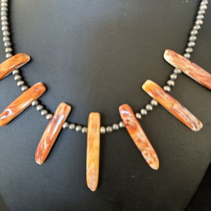 Navajo Orange Spiny Oyster Stick Bead Necklace | Sterling Silver | 20" | Authentic Native American Handmade | 14320