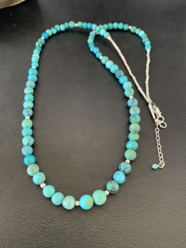 Navajo Women's | Natural Blue Turquoise Bead Necklace | Sterling Silver | 25" | Authentic Native American Handmade | 11664