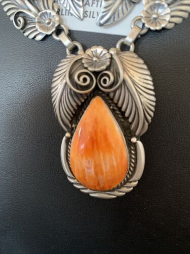 Navajo Orange Spiny Oyster Necklace & Earrings Set | Sterling Silver | Authentic Native American Handmade | 2104