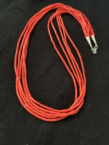 Red Stabilized Coral Heishi Necklace | 5-Strands | Sterling Silver | 20" | Authentic Native American Handmade | 00761