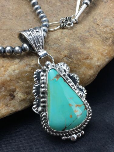 Men's Royston Turquoise Pendant | Sterling Silver Navajo Pearl Necklace | Authentic Native American Handmade | 2525