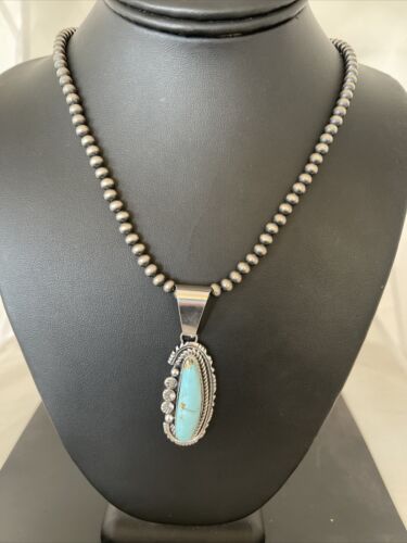 Men's Dry Creek Turquoise Pendant Necklace | Navajo Pearls | Sterling Silver | Authentic Native American Handmade | 1181