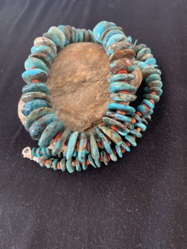Navajo Pearls Natural Blue Turquoise & Spiny Oyster Necklace | Sterling Silver | Graduated | Authentic Native American | 28" | 00381