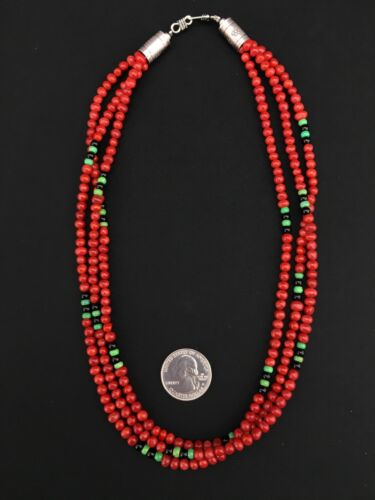 Native American Coral & Turquoise 3 Strand Necklace | Navajo Sterling Silver | 19" | 4856