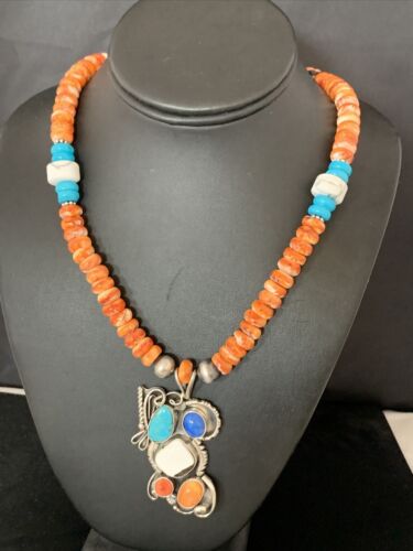 Navajo White Buffalo, Blue Turquoise Spiny Oyster Multi-Stone Pendant | Authentic Native American Sterling Silver | Multi-Stone | 02188