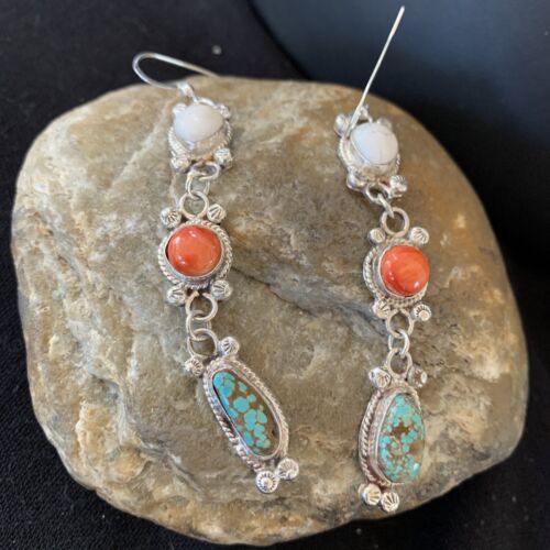 Navajo Spiny, Turquoise & Howlite Dangle Earrings | Sterling Silver | Authentic Native American Handmade | 1572