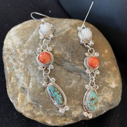 Navajo Spiny, Turquoise & Howlite Dangle Earrings | Sterling Silver | Authentic Native American Handmade | 1572