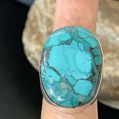 Men's Navajo Blue Spiderweb Turquoise Ring | Sterling Silver | Sz 10.5 | Authentic Native American Handmade | 1832