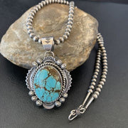 Men's Navajo Pearls Necklace | Sterling Silver | Blue #8 Turquoise Pendant | Authentic Native American Handmade | 10865