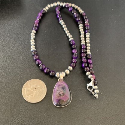 Navajo Pearls Necklace with Purple Sugilite and Onyx Pendant | Sterling Silver | 13394