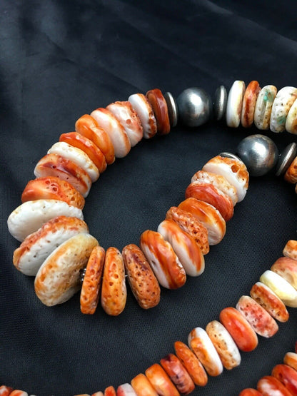 Orange Spiny Oyster Navajo Sterling Silver Necklace | Graduated | Authentic Native American | 26" | 2623