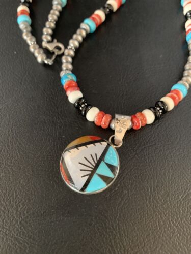 Zuni Multi-Color Turquoise Onyx Necklace | Sterling Silver Inlay Pendant | Native American Handmade | 13564