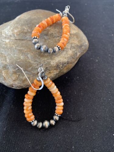Southwestern Sterling Silver Navajo Pearl Spiny Oyster Bead Earrings | 2" | Authentic Native American Handmade | 854
