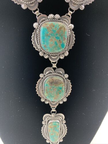 Navajo Sterling Silver Lariat Necklace with Royston Turquoise Squash Pendant | 01546