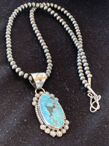 Men's Navajo Pearls Necklace with Blue Kingman Turquoise Pendant | Sterling Silver | Authentic Native American Handmade | 00841