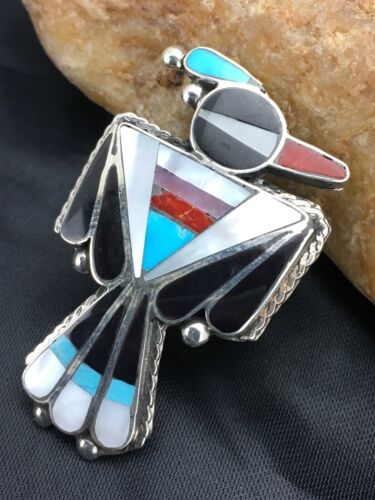 Zuni Coral, Turquoise & Onyx Inlay Bird Ring | Sterling Silver | Sz 3.5 | Authentic Native American Handmade | 2630 - Masha USA