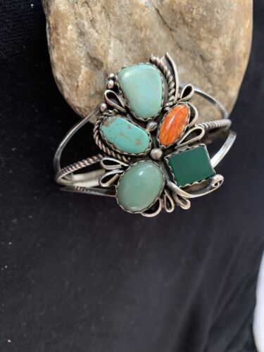 Navajo Spiny Oyster Green Turquoise Cuff Bracelet | Sterling Silver | Authentic Native American Handmade | 342