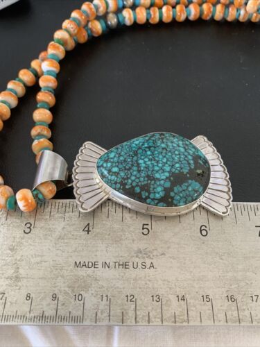 Navajo Spiny Oyster & Spiderweb Turquoise Necklace | Sterling Silver | Authentic Native American Handmade | 1757