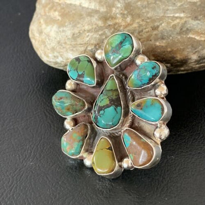 Navajo Green Turquoise Multi-Stone Cluster Ring | Authentic Native American Sterling Silver | Sz 11 | 02195