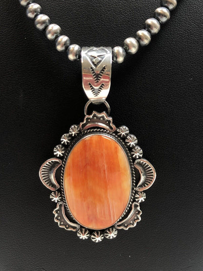 Navajo Pearls Necklace with Orange Spiny Oyster Pendant | Sterling Silver | Authentic Native American Handmade | 11300