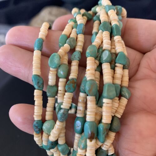 Native American Santo Domingo Necklace | Shell Green Turquoise | 38" | 12054