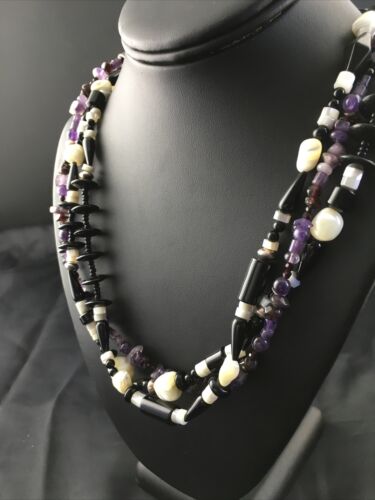 Navajo Black Onyx Mother of Pearl 3-Strand Turquoise Bead Necklace | Sterling Silver | 27" | 10150