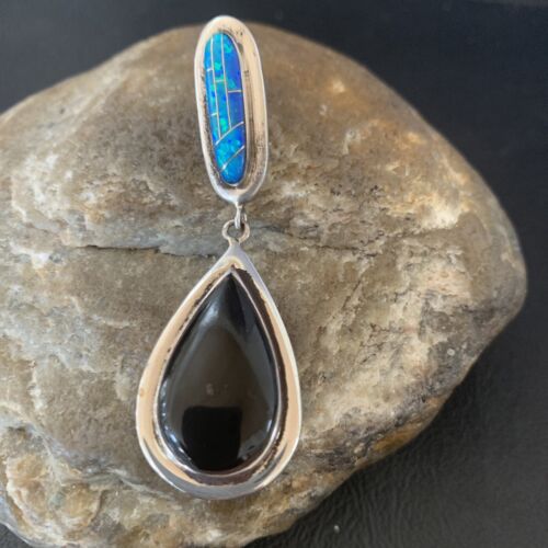 Navajo Black Onyx Blue Opal Inlay Pendant | Sterling Silver | Authentic Native American Handmade | 12885