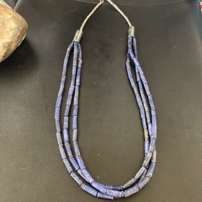 Navajo Blue Lapis 3-Strand Necklace | Sterling Silver Tube Beads | 23" | Authentic Native American Handmade | 12690