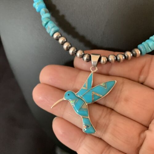 Navajo Hummingbird Inlay Pendant | Blue Turquoise & Opal | Sterling Silver | Native American Handmade | 11326