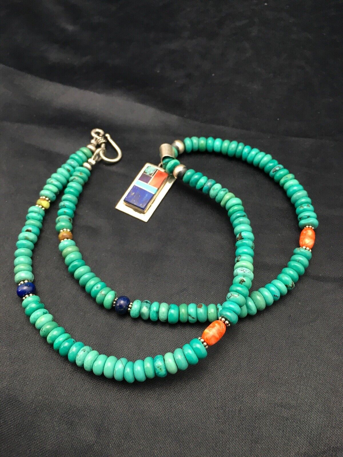 Navajo Turquoise & Lapis Inlay Pendant Necklace | Sterling Silver | 19" | Authentic Native American Handmade | 4077